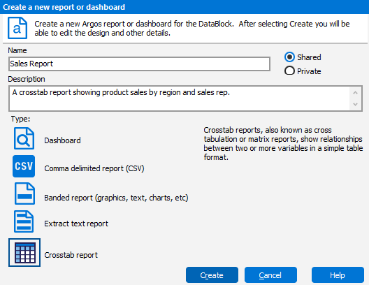 Create a New Report dialog showing Crosstab as one of the available report types.